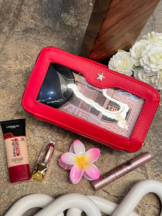 COSMETIQUERA DOBLE CIERRE MICA ROJO