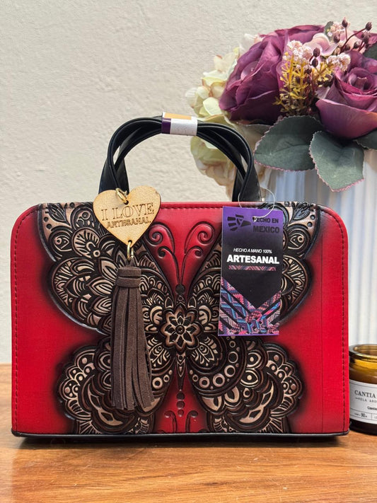 CROSSBODY ARTESANAL TANIA GRABADO MARIPOSA ROJO