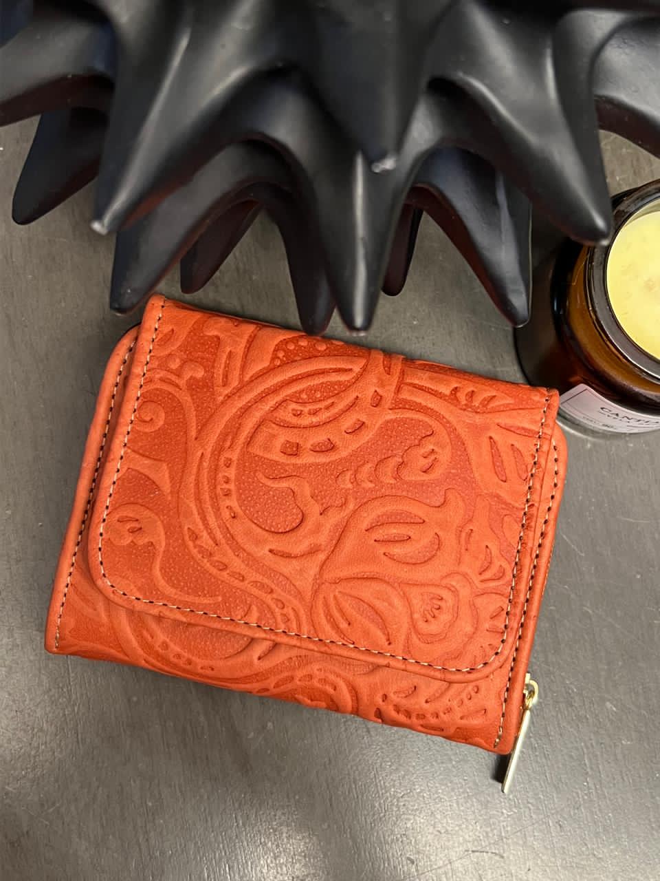 CARTERA PIEL KENYA NARANJA FLORES