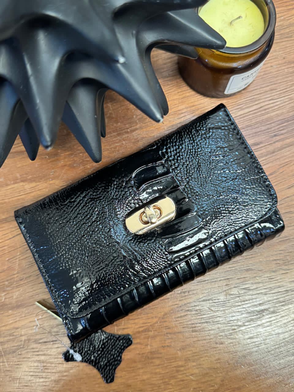 CARTERA PORTUGAL BROCHE 100% PIEL NEGRO PATA DE AVESTRUZ