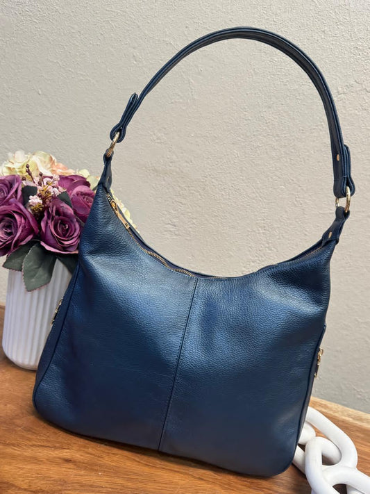 BOLSO 100% PIEL FRANCIA AZUL METALICO