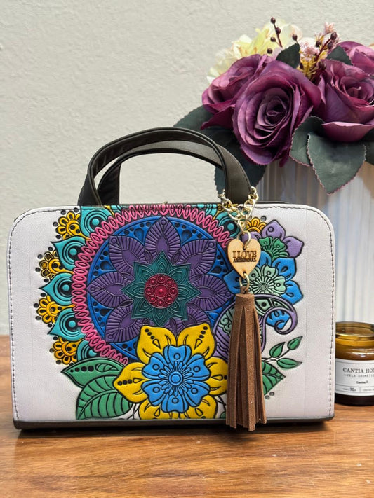 CROSSBODY ARTESANAL TANIA GRABADO MANDALA BLANCO