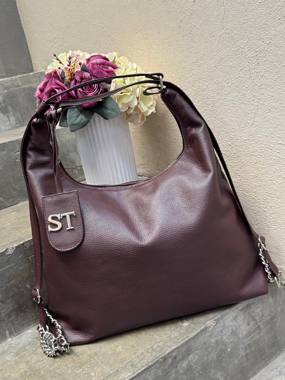 MOIRA DE PIEL COLOR VINO H/PLATA