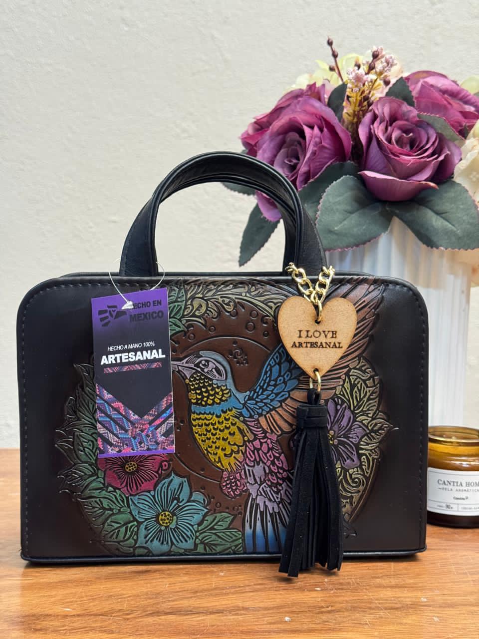 CROSSBODY ARTESANAL TANIA GRABADO COLIBRI NEGRO/COLORES