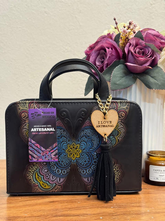 CROSSBODY ARTESANAL TANIA GRABADO MARIPOSA NEGRO/COLORES