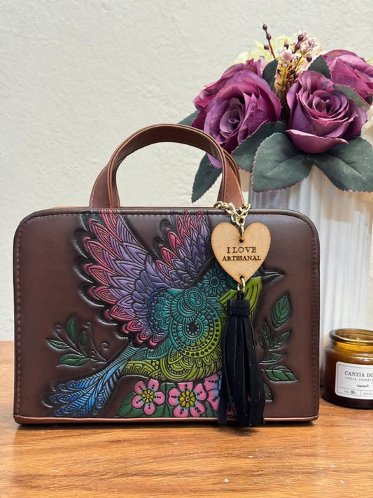 CROSSBODY ARTESANAL TANIA GRABADO PAJARITO CHOCOLATE/COLORES