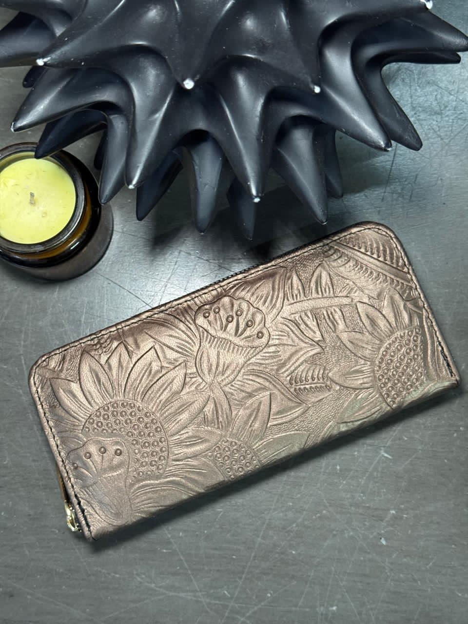 CARTERA 1 CIERRE GIRASOLES BRONCE