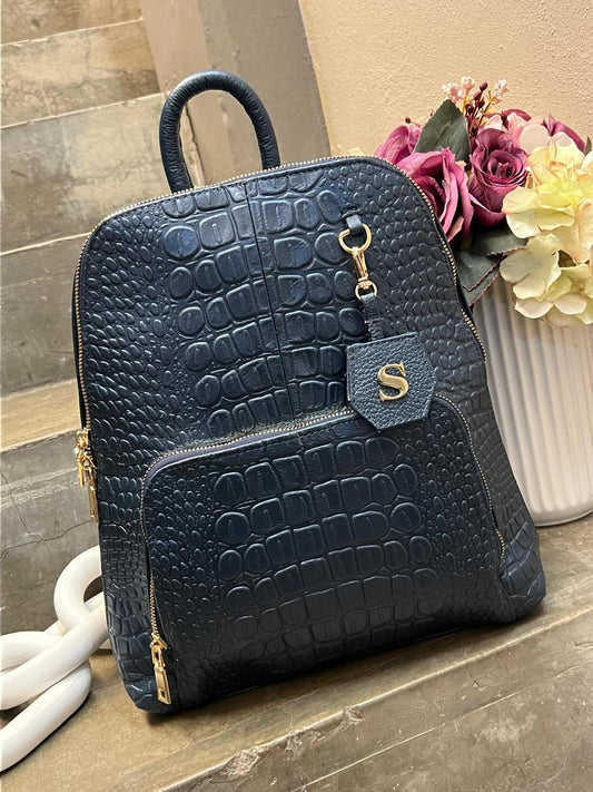 MOCHILA 100% PIEL ALASKA AZUL METALICO
