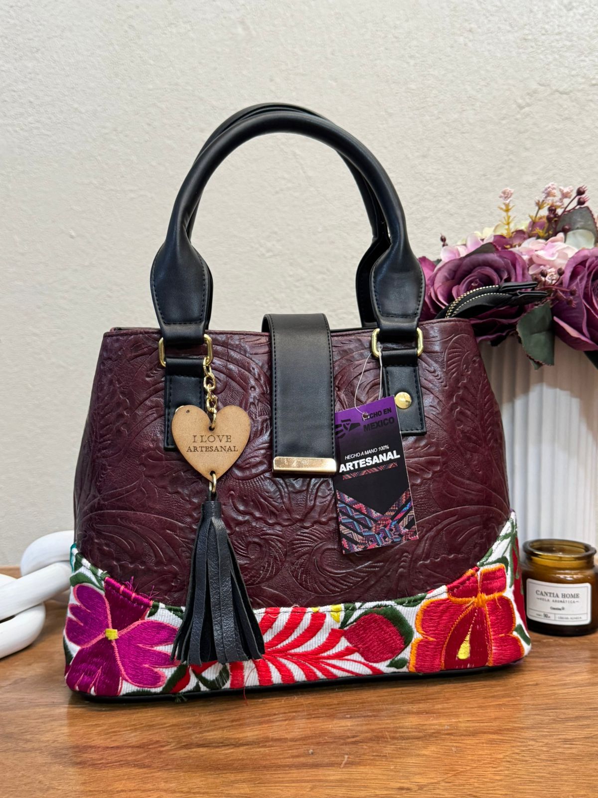 BOLSA SAIRA FLORES BORDADO-PIEL VINO