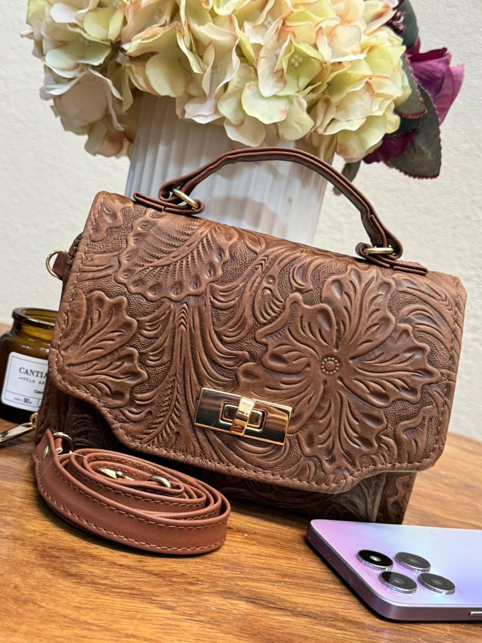 PORTACEL CINCELADO FRIDA FLORES MARRON