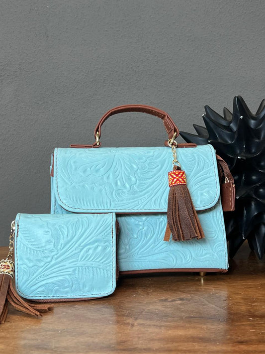 DUO DELIA PIEL GRASO GRABADO FLORES CELESTE