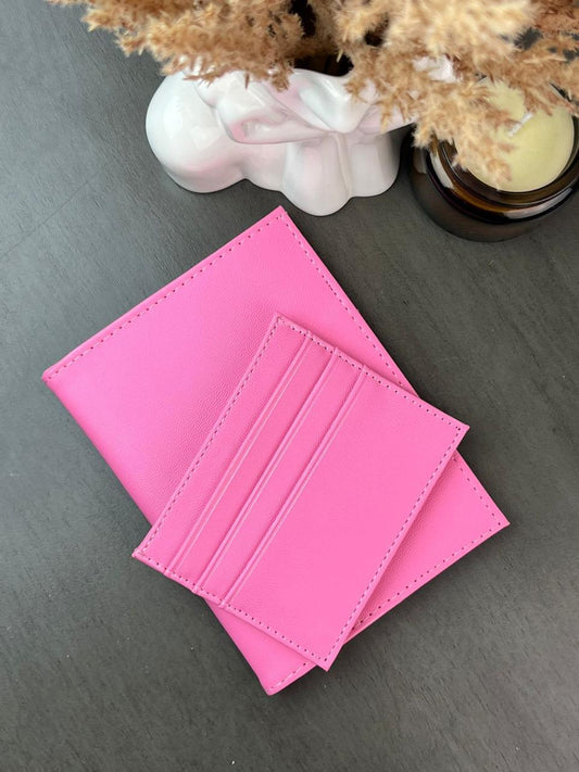 DÚO PORTAPASAPORTE TARJETERO LISO ROSA POP