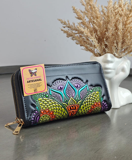 CARTERA ARTESANAL DOBLE CIERRE NEGRO MARIPOSA MANDALA COLORES