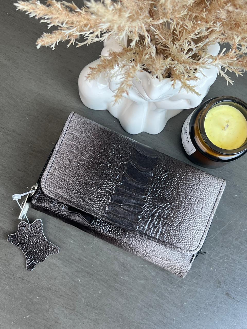 CARTERA PORTUGAL 100% PIEL GRIS PATA DE AVESTRUZ