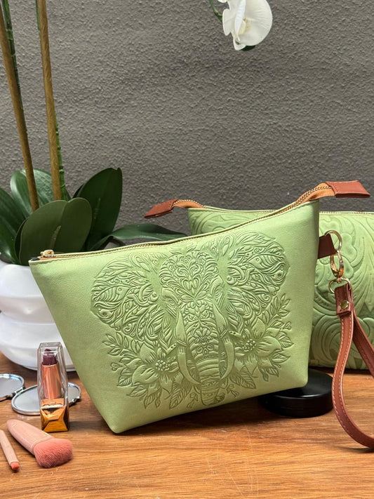 COSMETIQUERA PIEL GANESHA ELEFANTE VERDE OLIVO