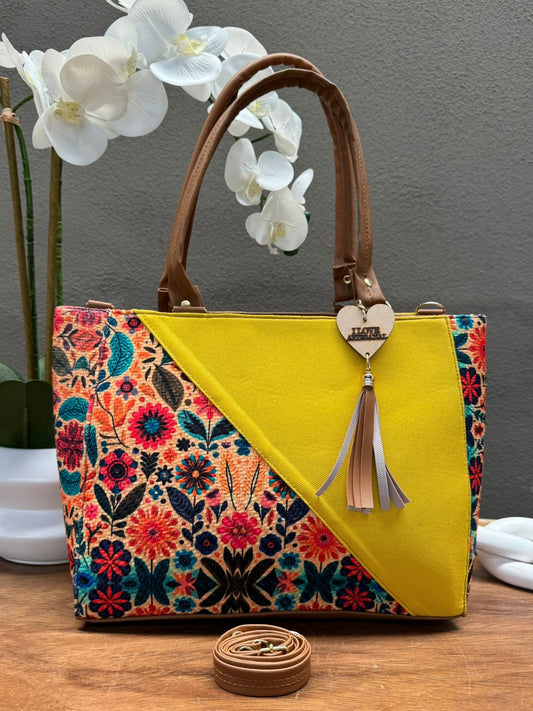 YUTE MODELO DIAGONAL MOSTAZA/FLORES VARIADAS