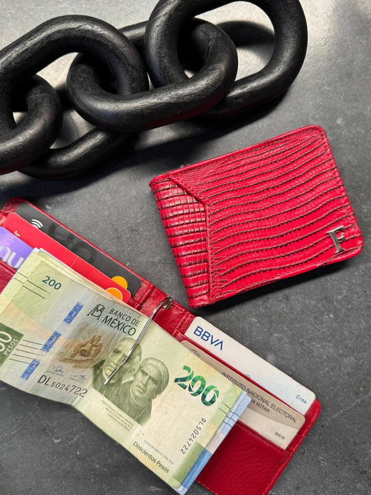 CARTERA CLIP SUIZA 100% PIEL PATA DE AVESTRUZ ROJO