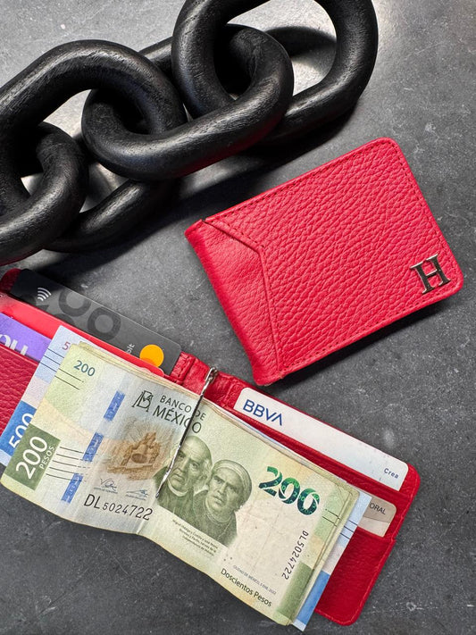 CARTERA CLIP SUIZA 100% PIEL ROJO