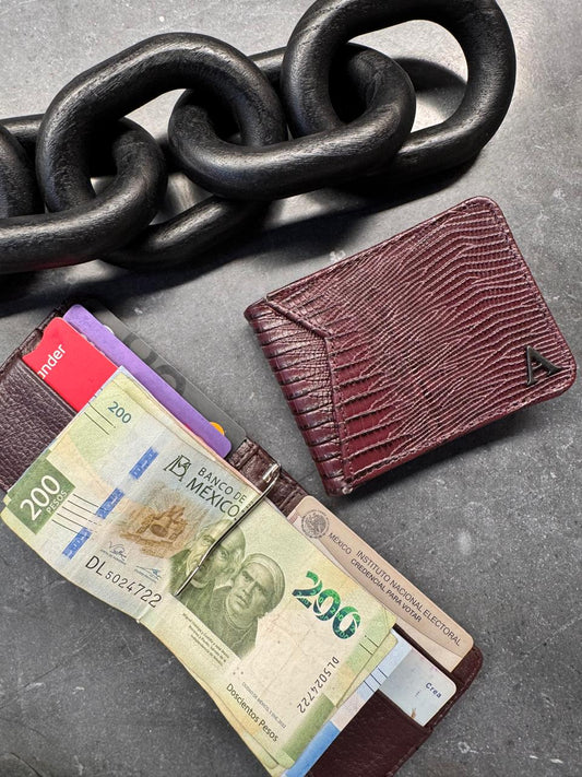 CARTERA CLIP SUIZA 100% PIEL PATA DE AVESTRUZ VINO