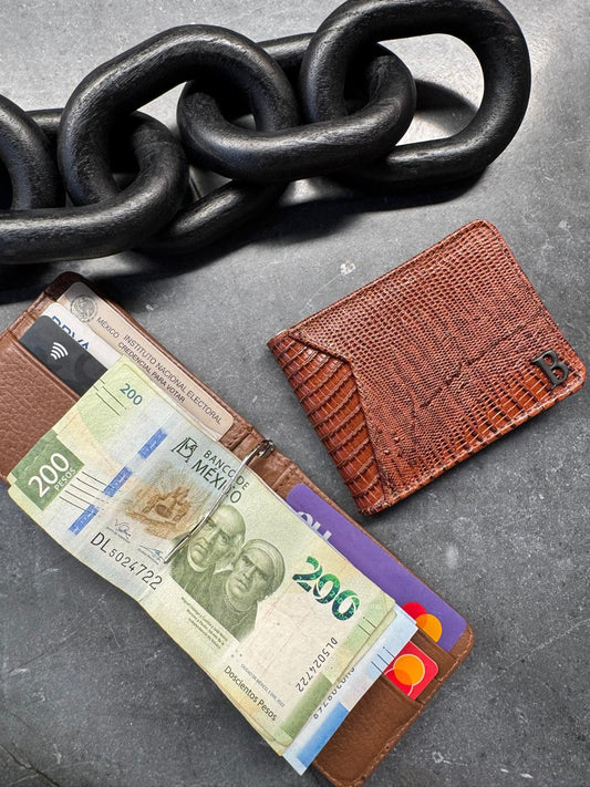 CARTERA CLIP SUIZA 100% PIEL PATA DE AVESTRUZ CAMEL