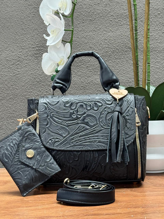 BOLSO PAULA PIEL FLORES NEGRO