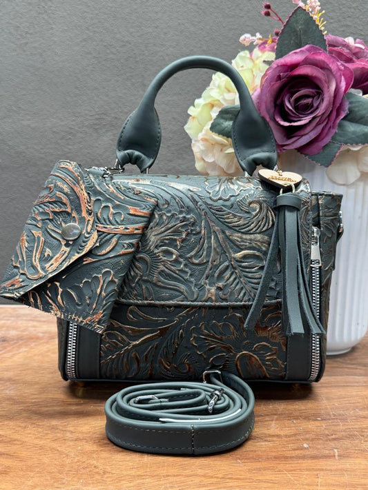 BOLSO PAULA PIEL FLORES VERDE/DORADO