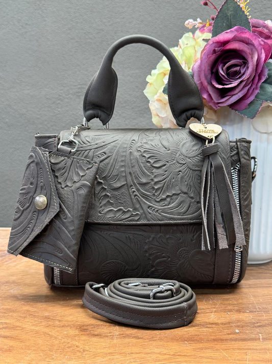 BOLSO PAULA PIEL FLORES CAFE