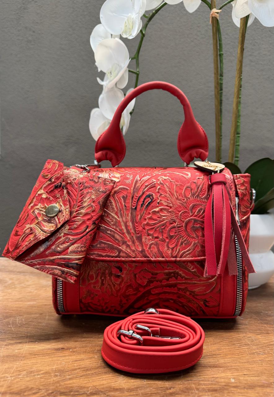 BOLSO PAULA PIEL FLORES ROJO/DORADO