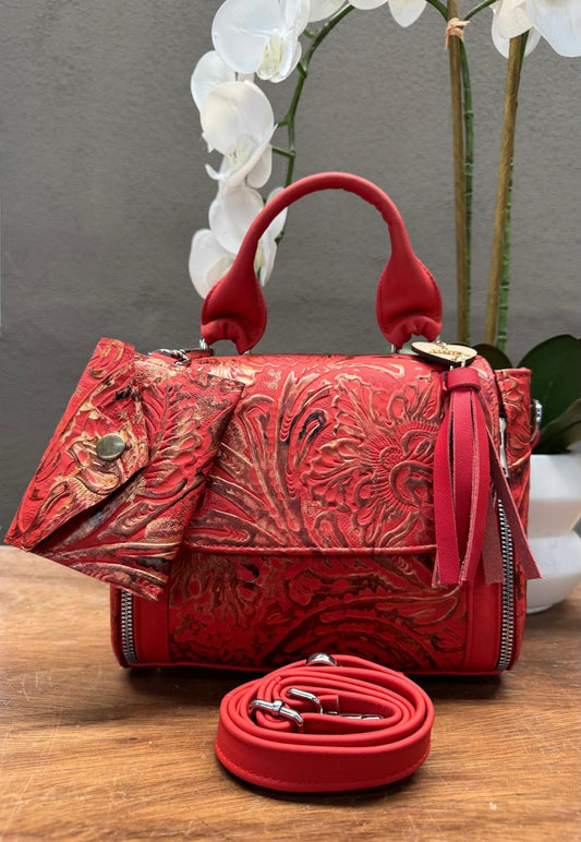 BOLSO PAULA PIEL FLORES ROJO/DORADO