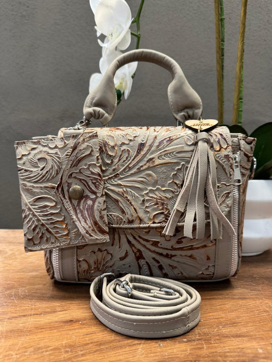 BOLSO PAULA PIEL FLORES ARENA/DORADO