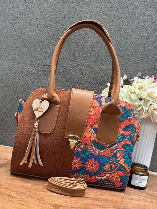 YUTE MODELO BROCHE CAMEL/FLORES AZUL NARANJA