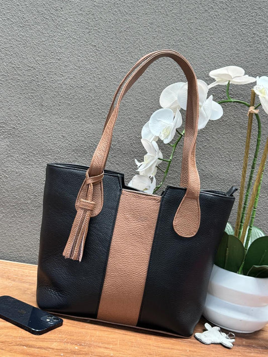 BOLSO 100% PIEL BOSNIA NEGRO/MIEL EFECTO