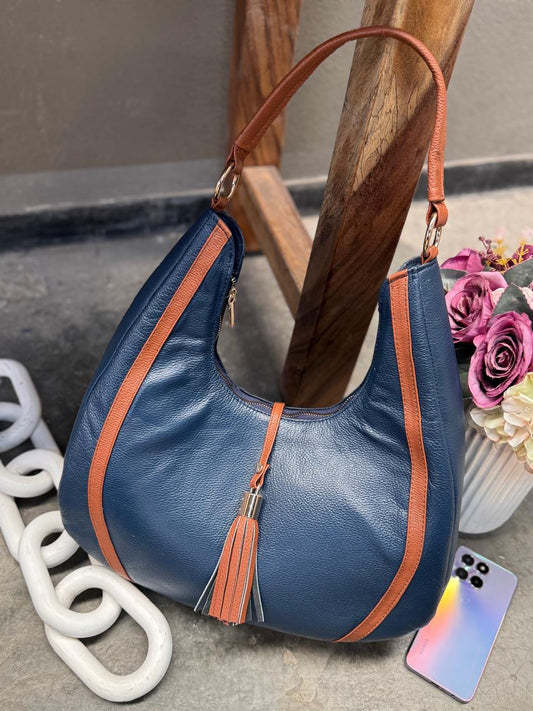 BOLSO 100% PIEL ASIA AZUL MARINO/MIEL