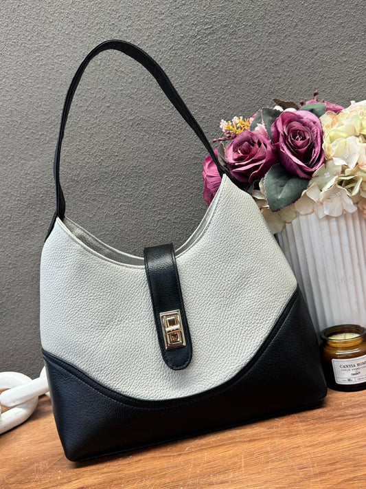 BOLSO 100% PIEL BÉLGICA HUESO/NEGRO