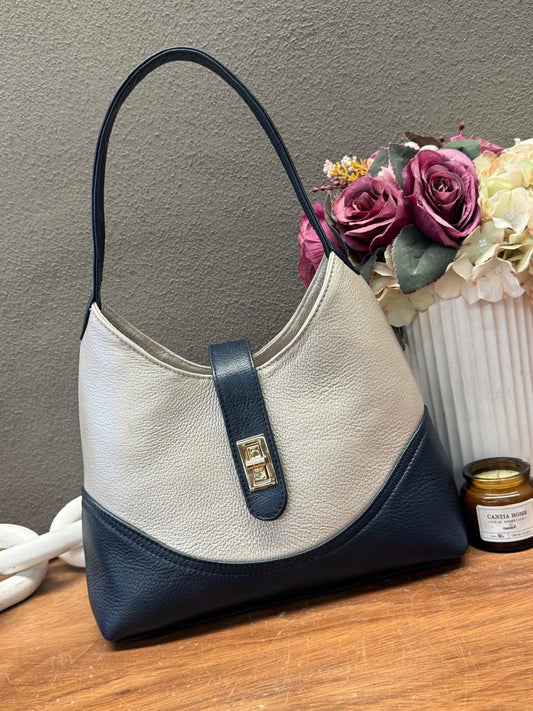BOLSO 100% PIEL BÉLGICA ORO LIGTH/AZUL MARINO