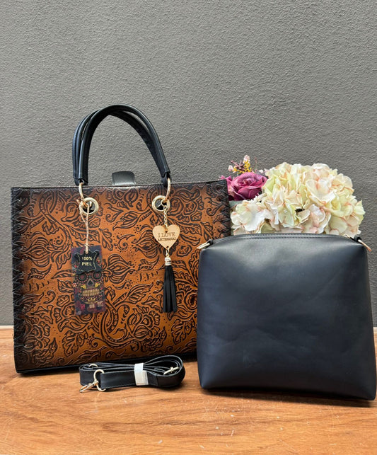 UB DUO ARTESANAL COMBO GRABADO FLORES CAMEL/NEGRO