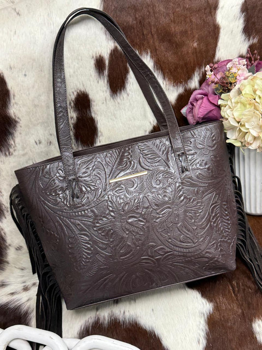BOLSA FELISA GRABADO Y BARBAS CHOCOLATE