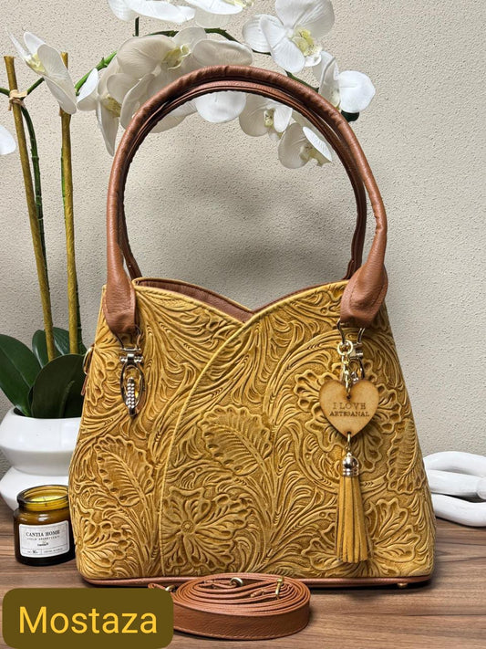 BOLSO FLOR COLOR MOSTAZA