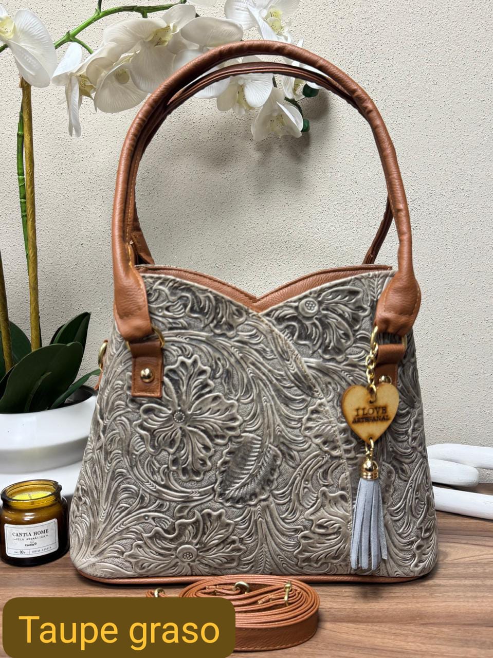 BOLSO FLOR COLOR TAUPE GRASO