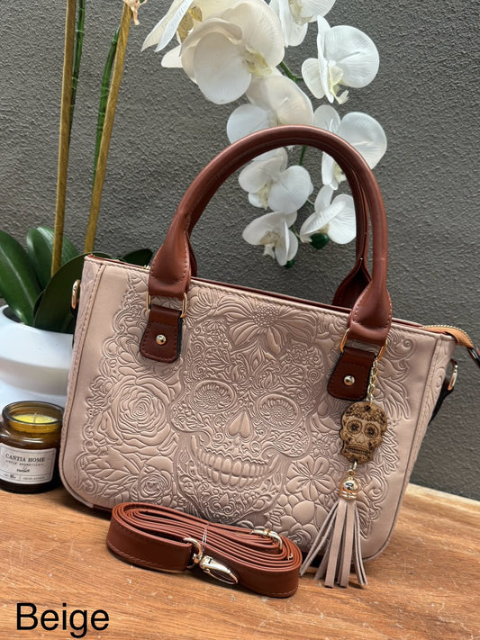 MINI CARTAGENA PIEL GRABADO CALAVERA COLOR BEIGE