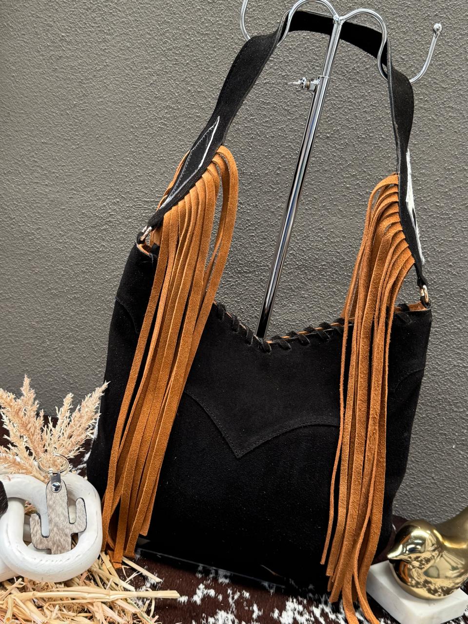BOLSO SHERIFF PELO COLOR NEGRO BARBAS MOSTAZA