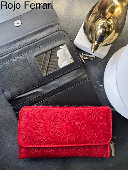 CARTERA PIEL BOLIVIA FLORES COLOR ROJO FERRARI