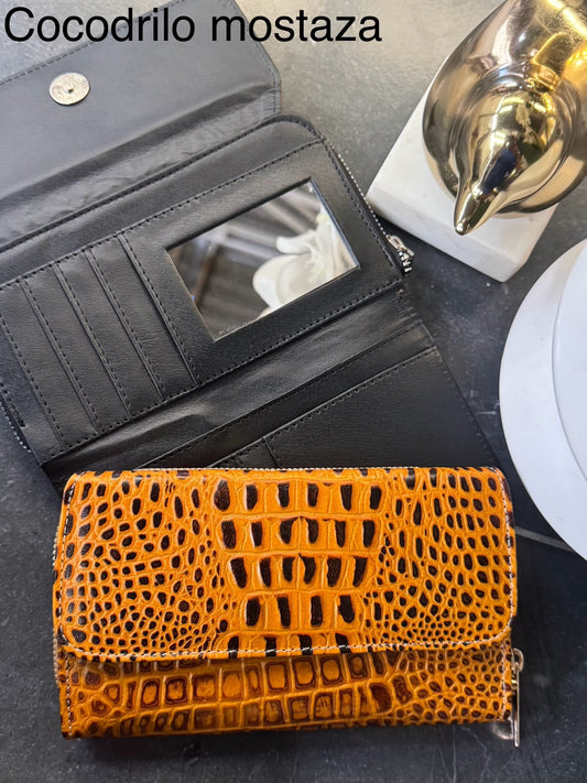 CARTERA PIEL BOLIVIA COLOR MOSTAZA COCODRILO