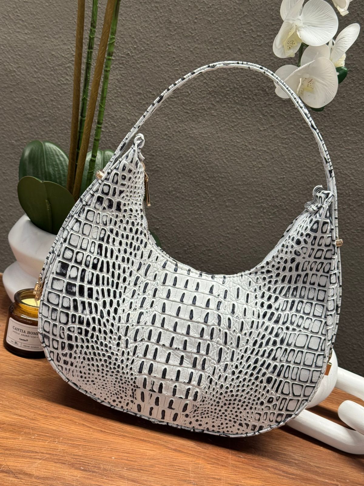 BOLSO 100% PIEL MARSELLA CROCO BLANCO/NEGRO