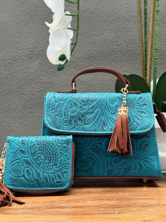 DUO DELIA PIEL GRASO GRABADO PRIMAVERA AZUL TURQUESA