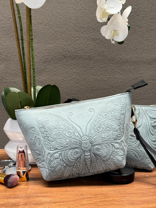 COSMETIQUERA PIEL GANESHA MARIPOSA GRIS