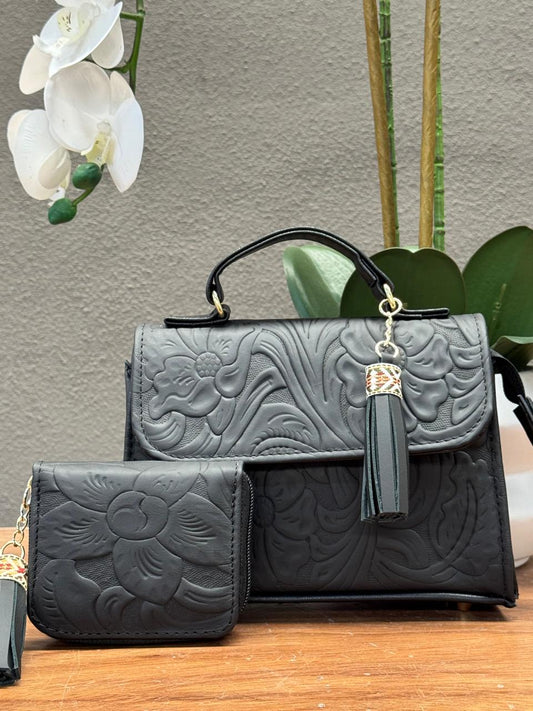 DUO DELIA PIEL GRASO GRABADO PRIMAVERA NEGRO