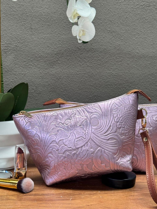 COSMETIQUERA PIEL GANESHA FLORES ROSA METALICO