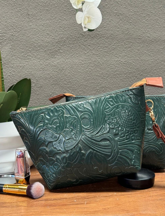 COSMETIQUERA PIEL GANESHA FLORES VERDE BOTELLA