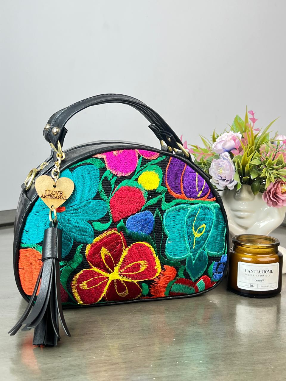 BOLSO MEDIO CIRCULO BORDADO COLORES NEGRO
